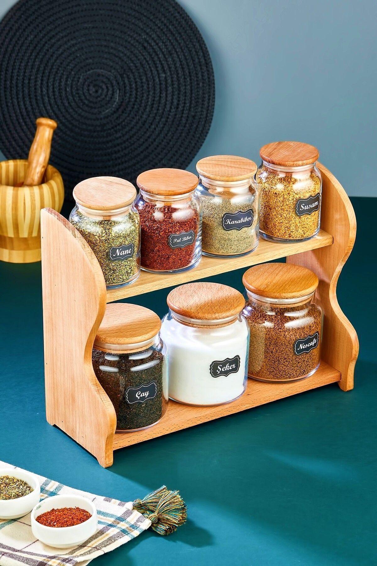 Gönül Collection - Baharat Takımı Cam 7 Li Ahşap Standlı