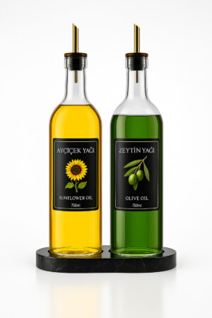 Mermer Desenli Stantlı Gold Kapaklı 2'li Yağ Şişesi 750 ml Zeytinyağ Sıvıyağ Şişesi Cam Yağdanlık