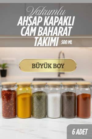 6 Adet Ahşap Kapaklı Büyük Boy Cam Baharatlık