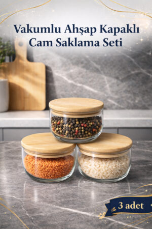 3'lü Ahşap kapaklı cam baharatlık takımı 300 ml Vakum kapaklı (Etiket Hediyeli)