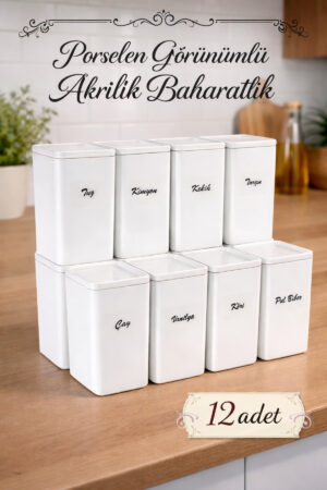 12'li 500 ml Vakumlu  Porselen Görünümlü Akrilik Baharatlık - Saklama Kabı Etiket Hediyeli