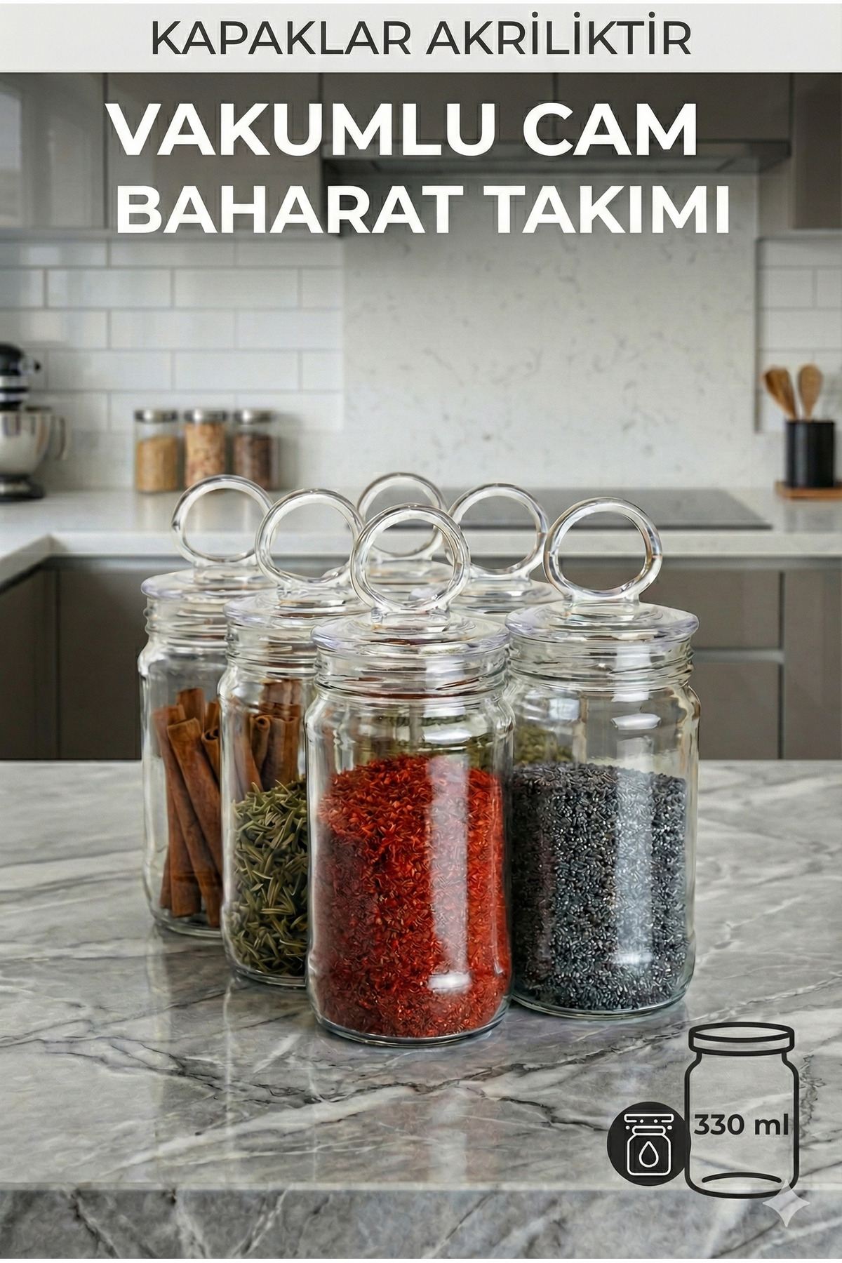 6 Adet Vakumlu Cam Baharat Takımı