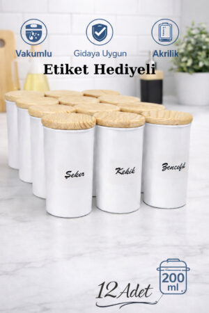12'li 200 ml Vakumlu Ahşap Kapaklı Porselen Görünümlü Akrilik Baharatlık Etiket Hediyeli